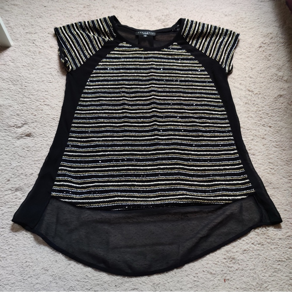Sanctuary Black White Tan Silver Striped Knit Women's Top Cap Sleeve Sheer Back